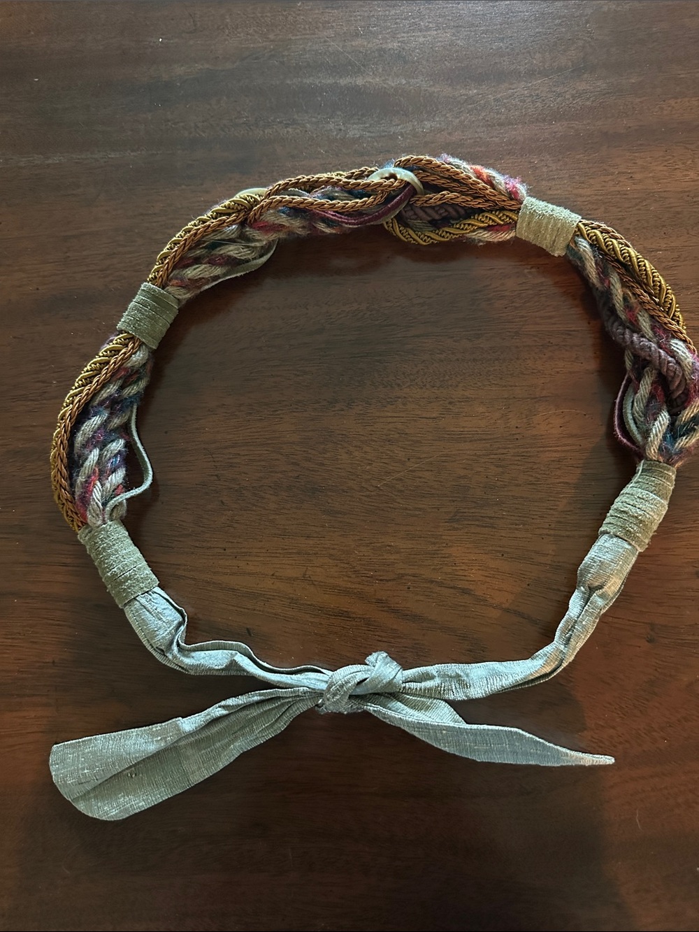 Mixed Media tie-on belt w/ braided silk cord, suede wrapping, twisted wool yarn